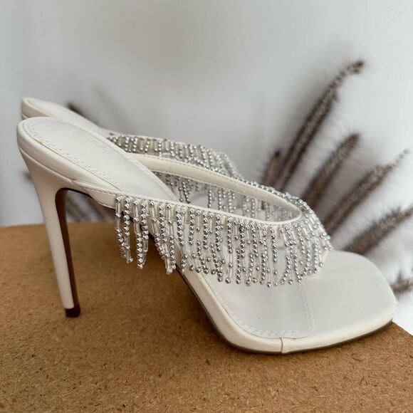 ASOS design notation beaded toe thong heeled sandals in white - Picture 1 of 6